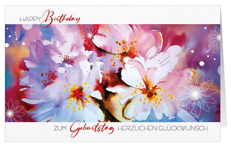 Aquarell-Glückwunschkarte zum Geburtstag mit Happy Birthday - Zum Geburtstag herzlichen Glückwunsch