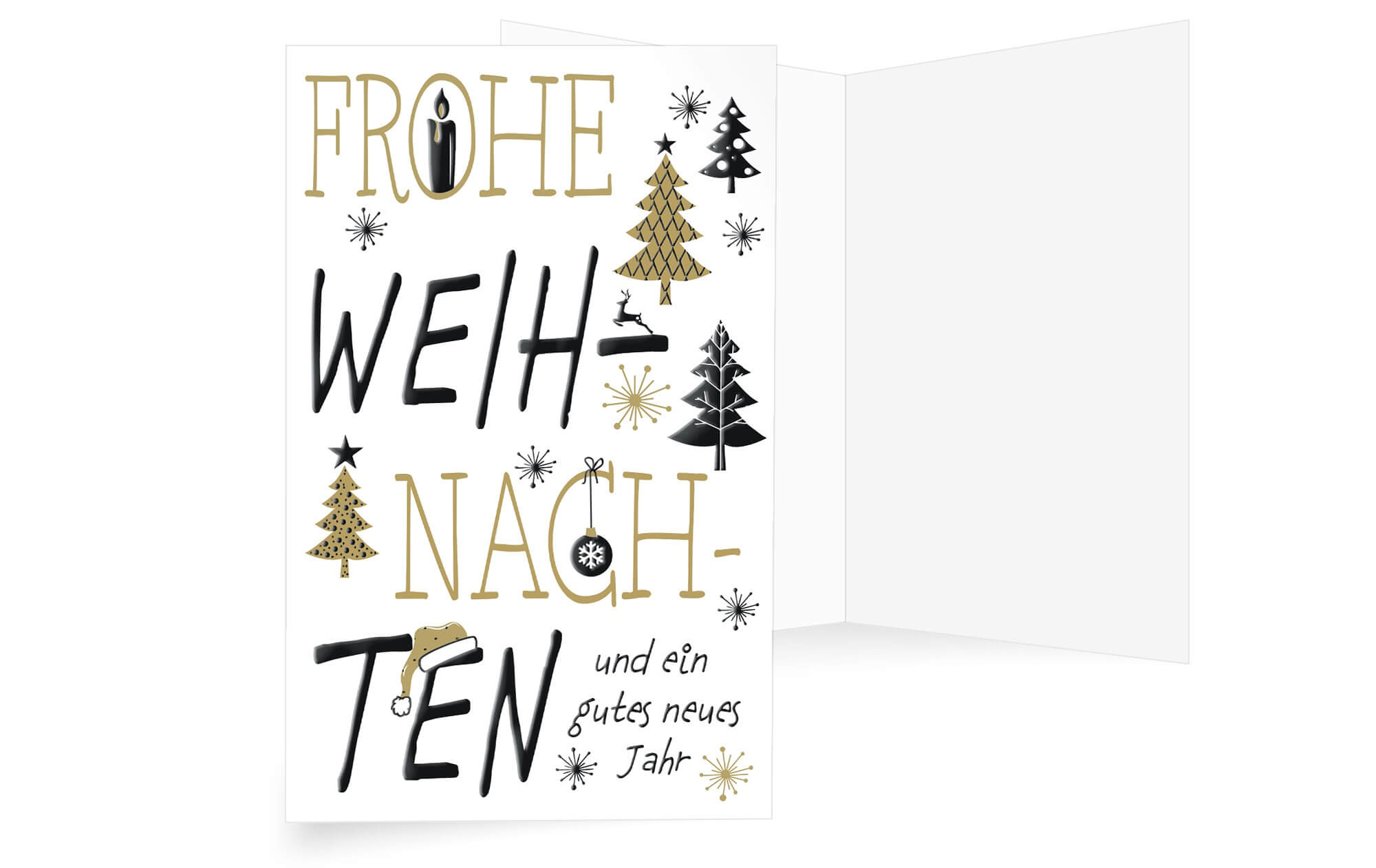 Weiße Weihnachtskarte mit Schwarzfolienprägung Weihnachtsgruß und weihnachtliche Symbole