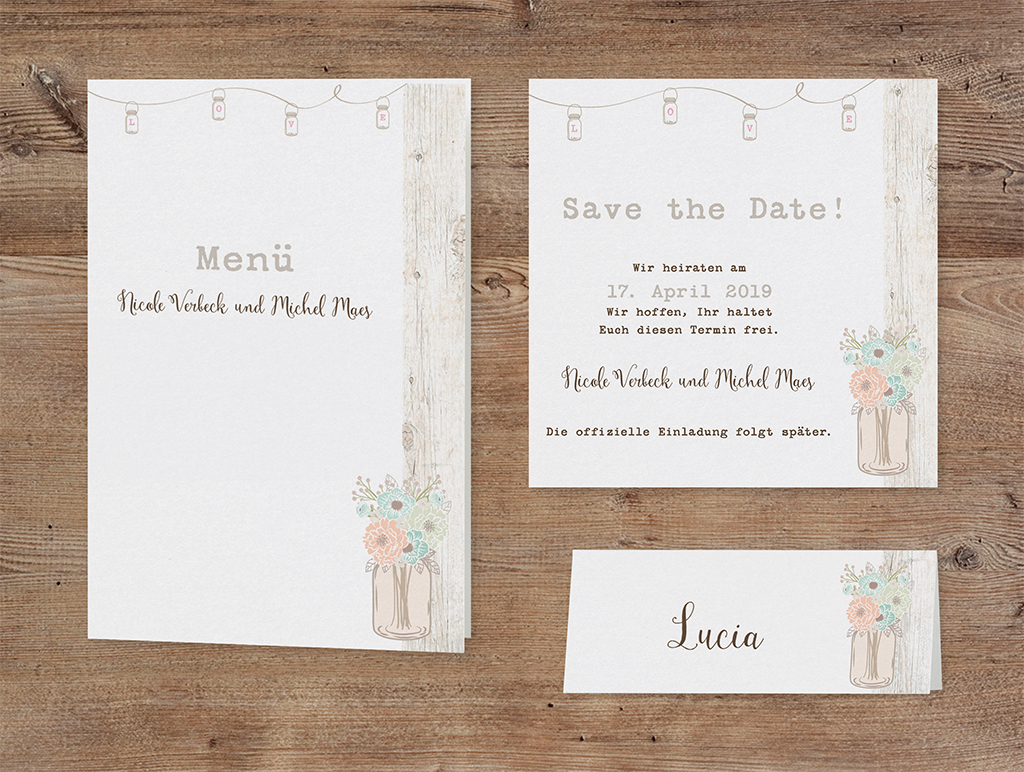 Set aus Menü-, Tisch- und Save the Date Karte vintage