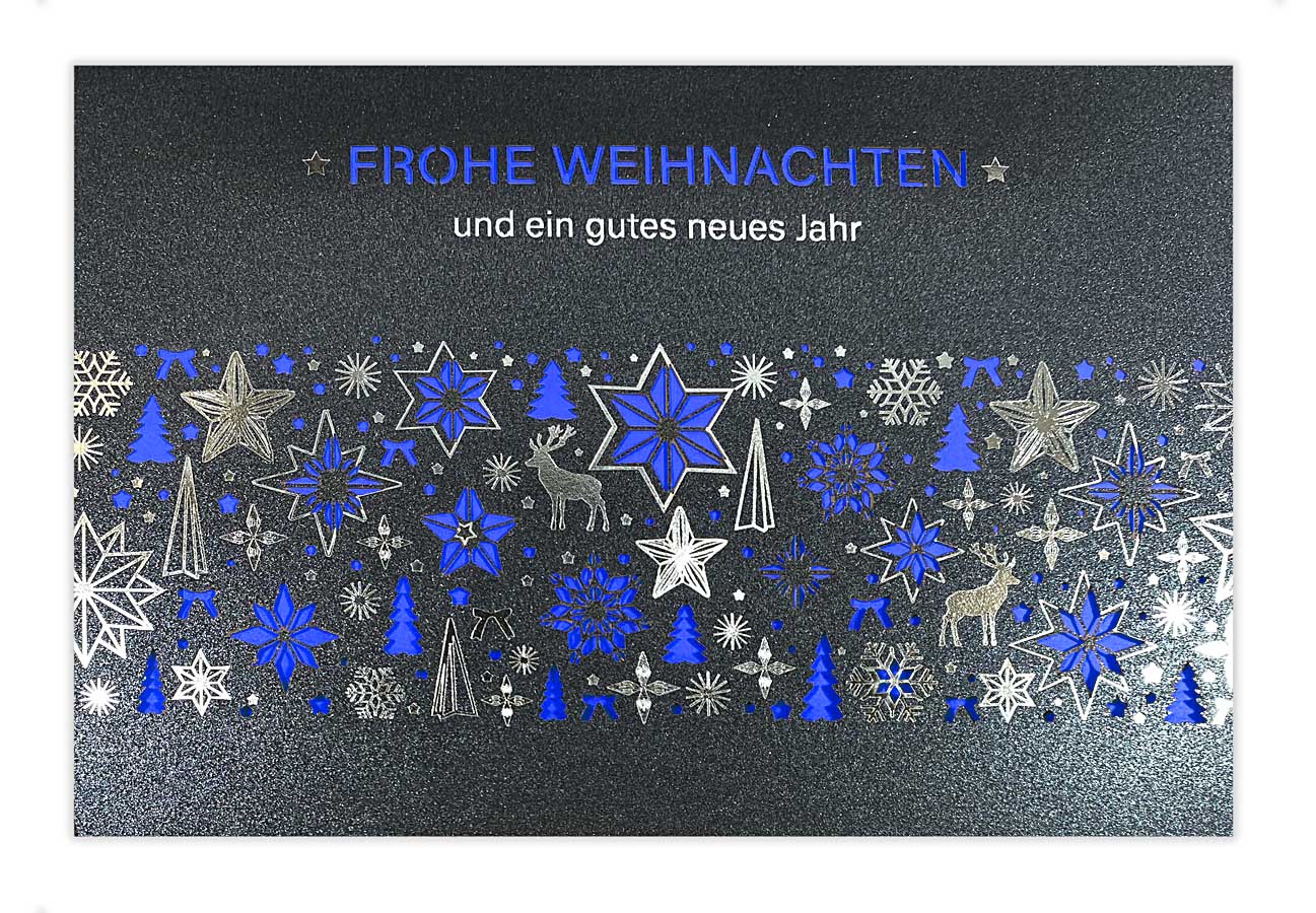 Laser-Weihnachtskarte in grau-metallic mit Silberprägung und blauem Einleger.