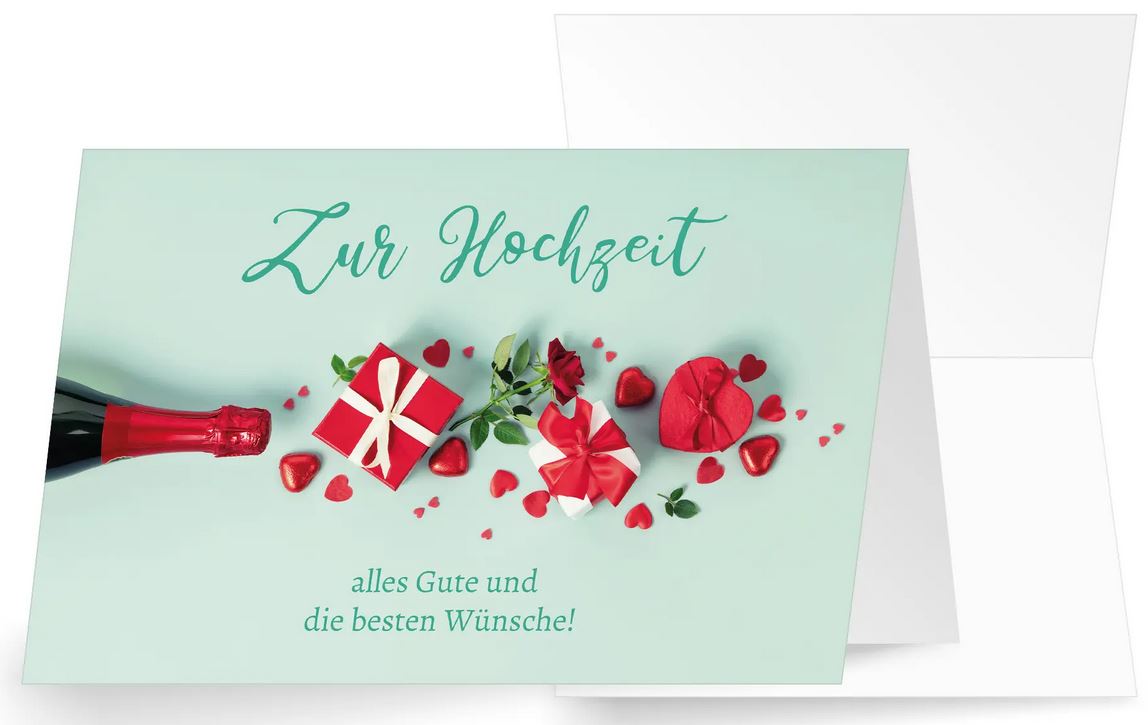 Glückwunschkarte zur Hochzeit mit roten Herzen, roter Rose, kleinen Geschenken und Sektflasche