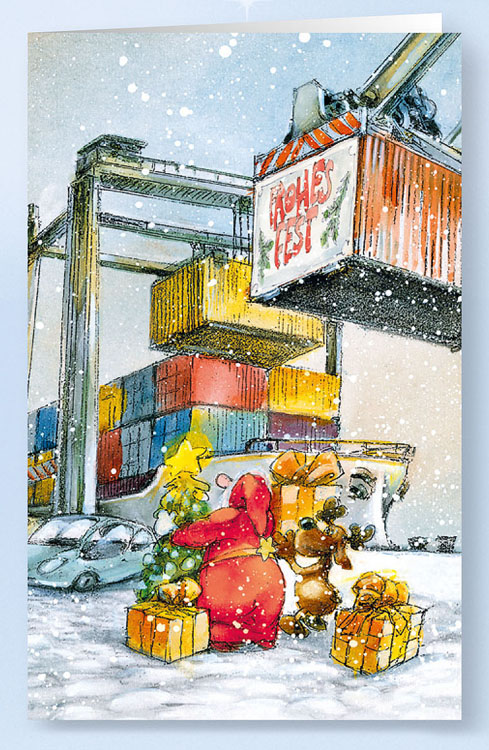 Weihnachtskarte Branchenkarte Containerschiff Containerverladung