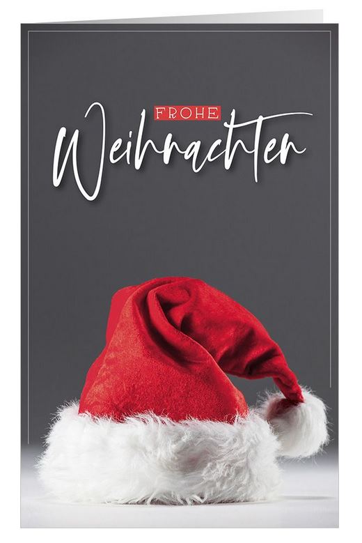 Lustige Weihnachtskarte in grau mit roter Weihnachtsmütze und Gruß "Frohe Weihnachten"