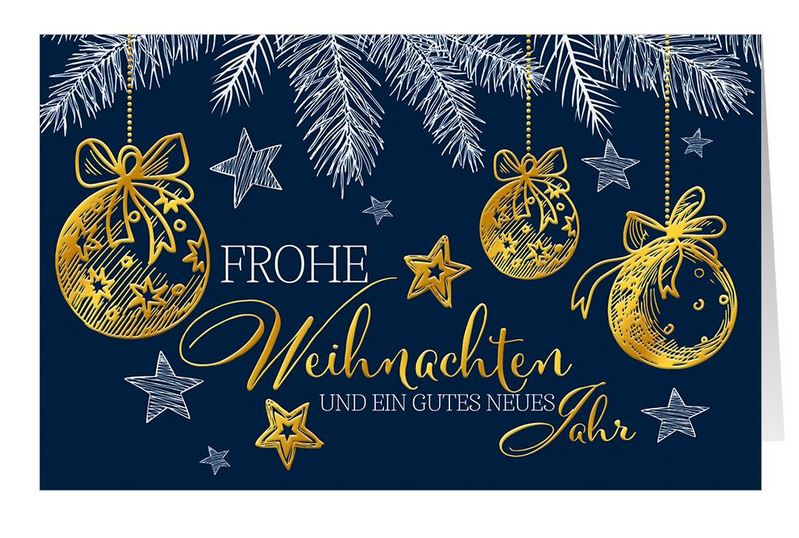 Festliche Folienprägekarte in blau mit goldenem Prägedruck und weihnachtlichem Motiv