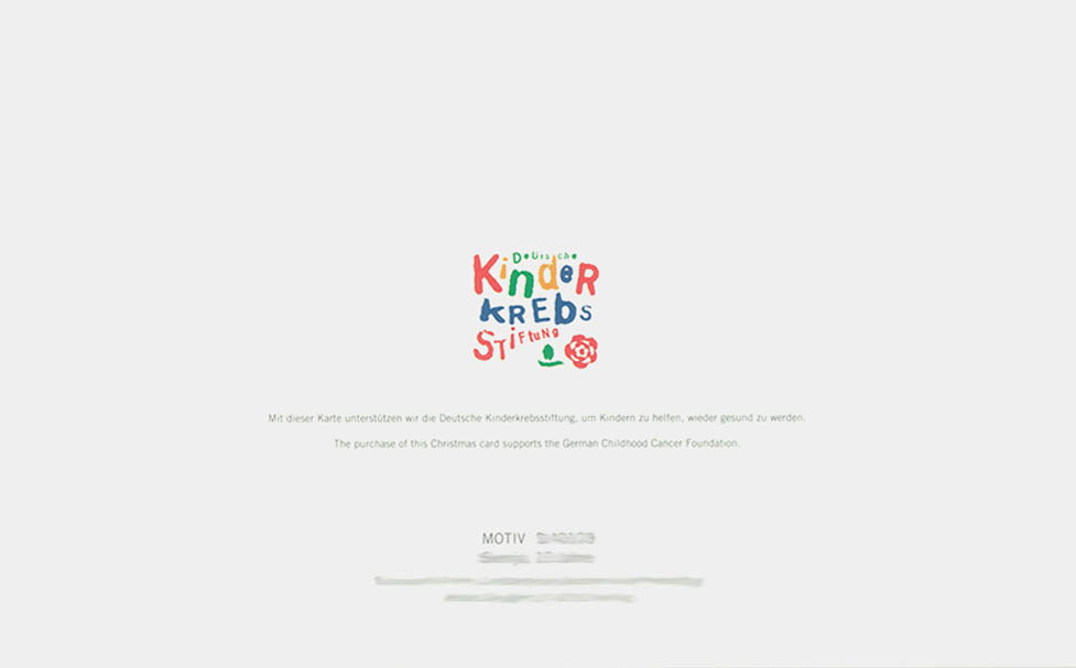 Spenden Weihnachtskarten Rückseite mit Logo und Infotext der Kinderkrebs Stiftung