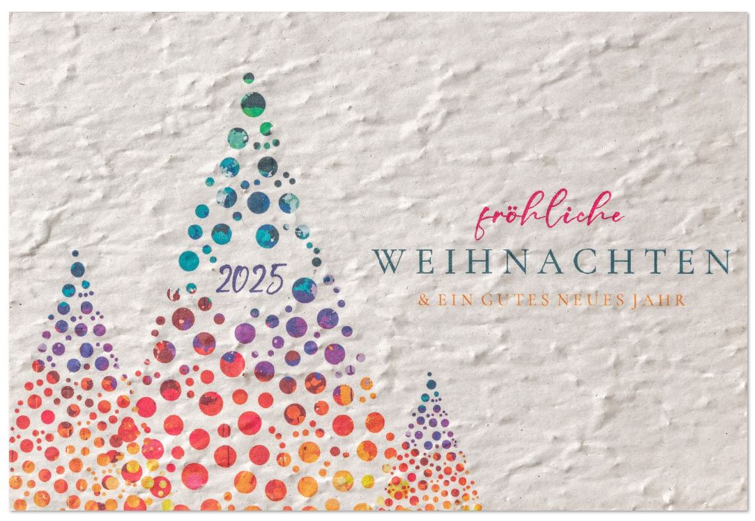 Kunterbunte Weihnachtskarte aus nachhaltigem Samenpapier zum Pflanzen mit Jahreszahl und Gruß