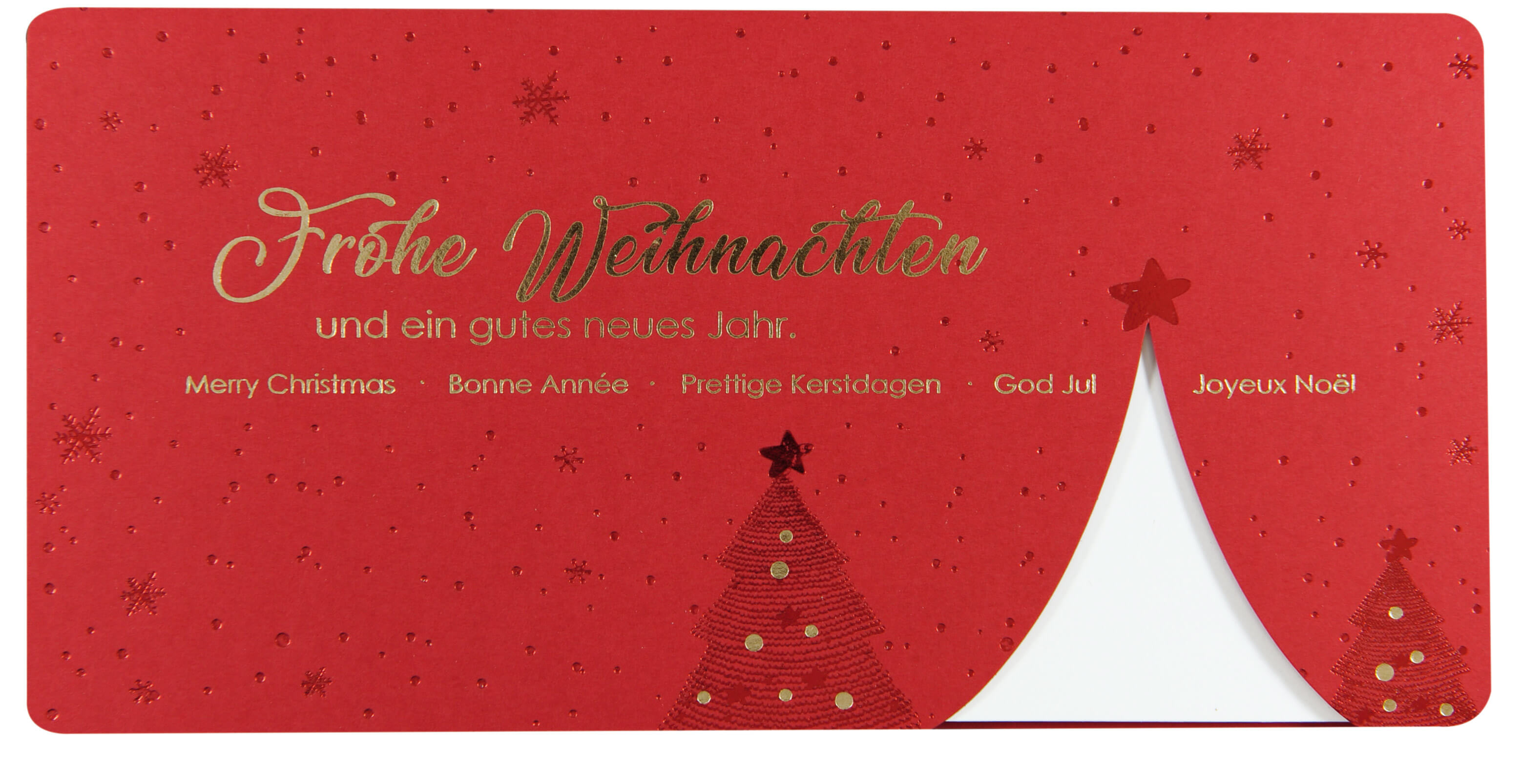 Dunkelrote Weihnachtskarte mit goldener und roter Folienprägung und internationalen Grüßen