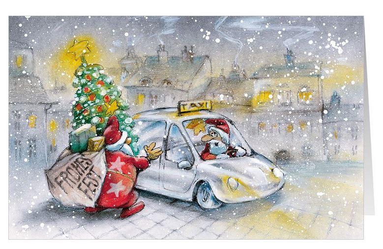 Humorvoller Weihnachtsgruß für Taxiunternehmen und Personenbeförderung mit Gruß "Frohes Fest"