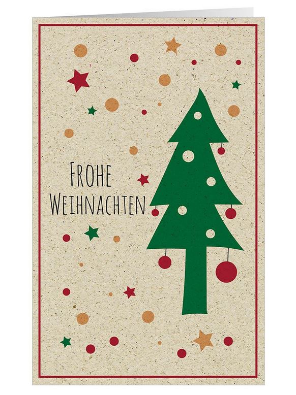 Natürliche Weihnachtskarte aus Graspapier mit "Frohe Weihnachten", Kugeln und Sternen