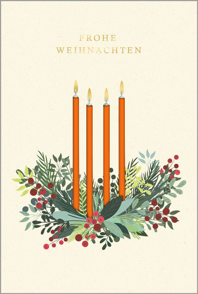 Weihnachtskarte mit Kerzen im floralen Gesteck, Weihnachtsgruß und Laserstanzung, Einleger orange