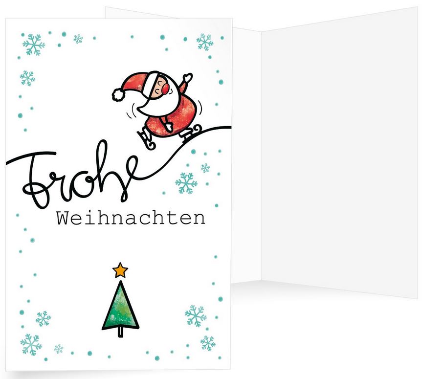 Lustige Spendenkarte für Ärzte ohne Grenzen mit dem Weihnachtsmann beim Schlittschuhfahren