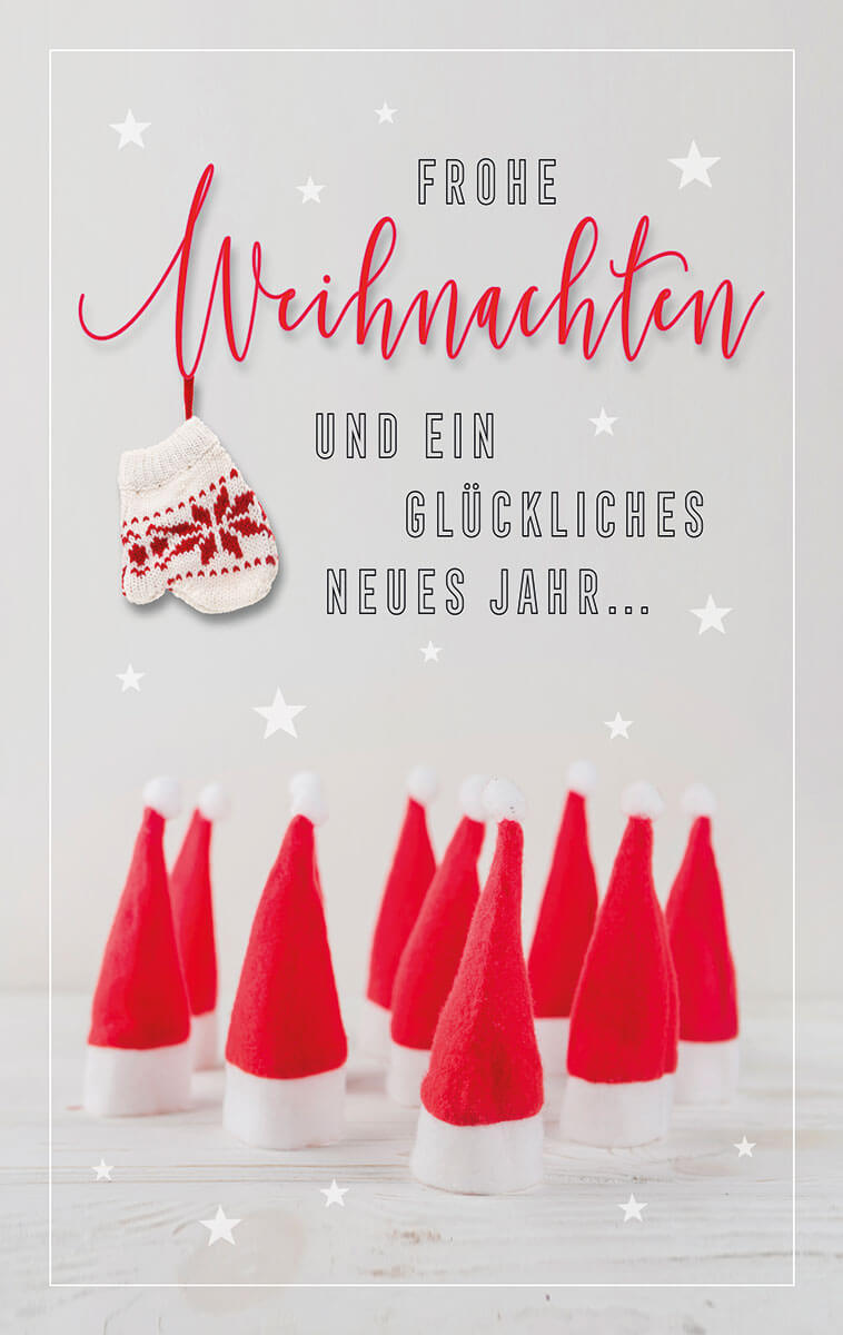 Witzige Weihnachtsgrußkarte mit roten Nikolausmützen und Winterhandschuh