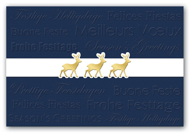 Weihnachtskarte in blau mit mehrsprachigem Weihnachtsgruß und goldenen Rentieren