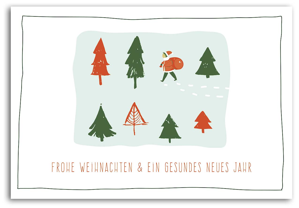 Weiße Weihnachtskarte mit Weihnachtsbäumen, Weihnachtsmann, Fußspuren und Gruß