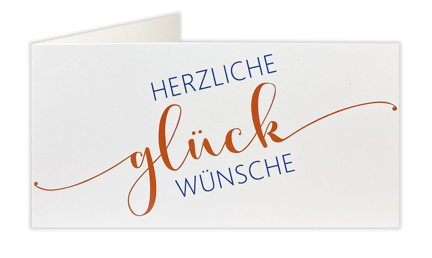 Glückwunschkarte DIN lang, querformat, weißer Glazkarton, Glückwunsch-Schriftzug in blau und orange