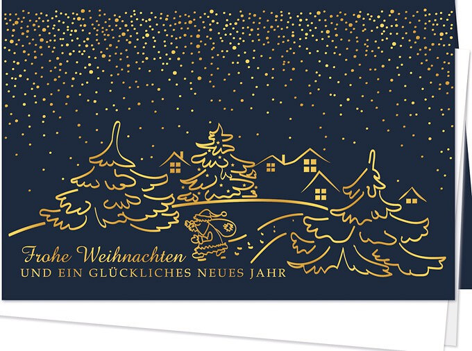 Dunkelblaue Weihnachtskarte mit goldener Folienprägung und weißem Falteinleger