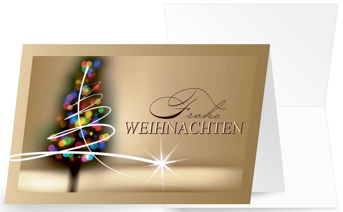 Farbenfrohe Weihnachtskarte in braun mit buntem Weihnachtsbaum, Frohe Weihnachten und Stern