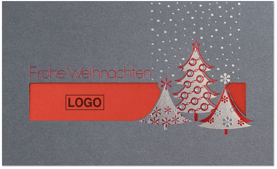 Firmen-Weihnachtskarte mit Logofenster in anthrazit-metallic mit rotem Falteinlegeblatt