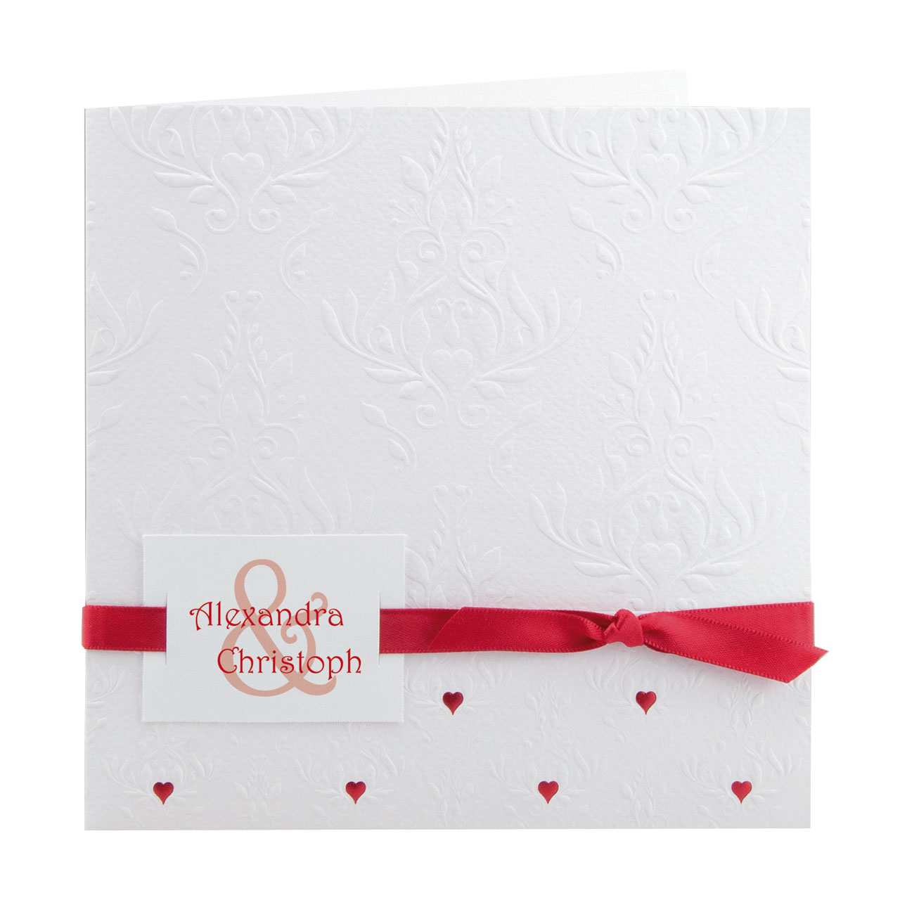 Hochzeitskarte weiß Aquarellkarton Ornament Bändchen rot