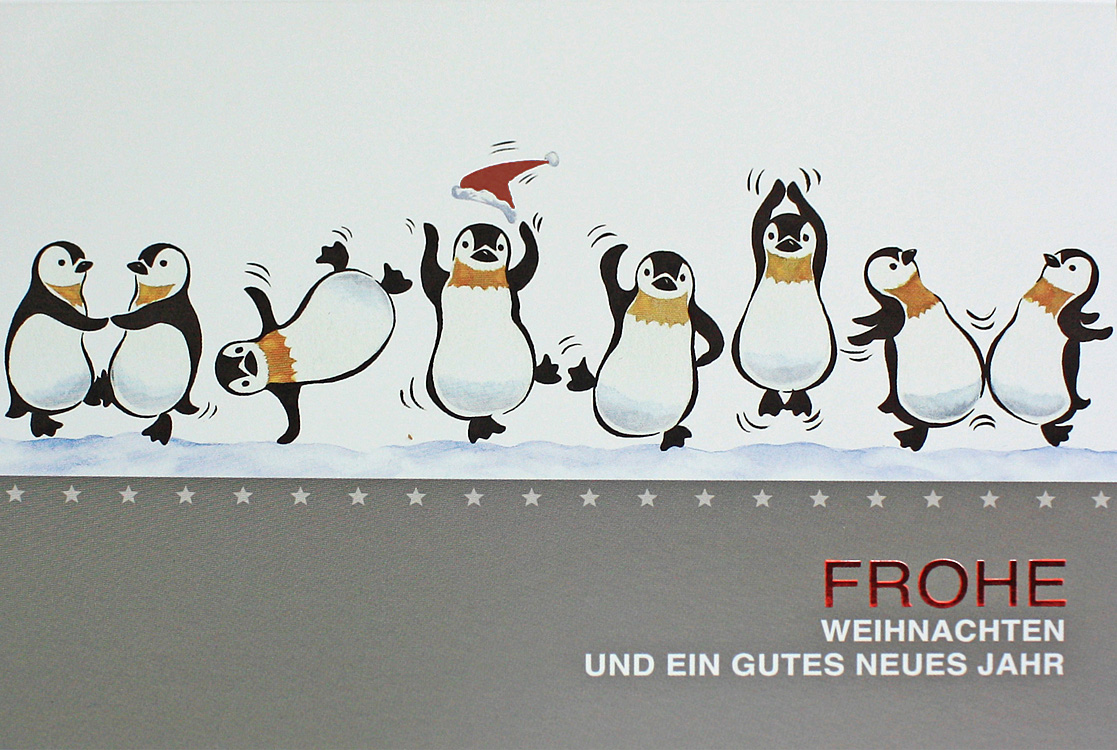 Weihnachtskarte witzig mit tanzenden, lustigen Pinguinen