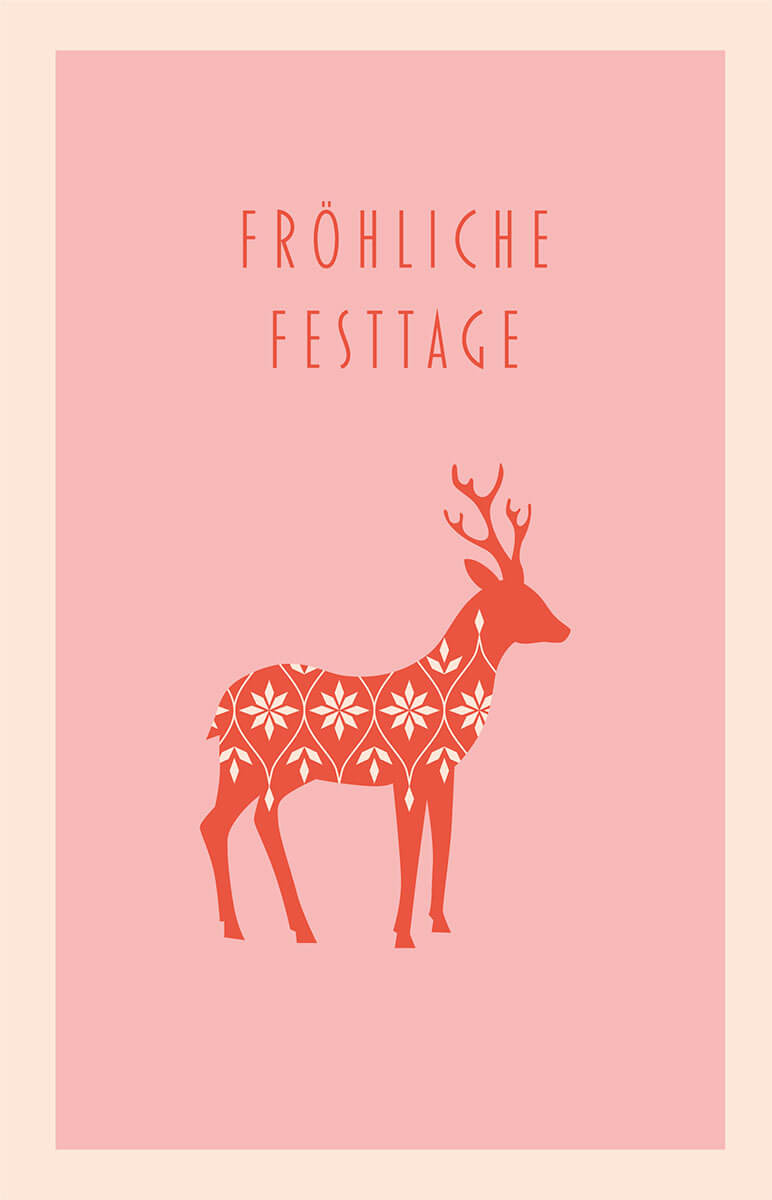 Rosafarbene Weihnachtskarte mit "Fröhliche Festtage" und Hirsch mit Ornamentverzierung