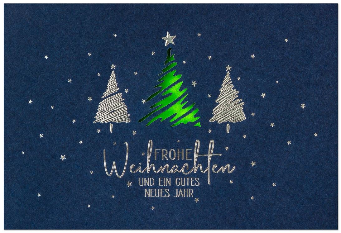 Blaue Weihnachtskarte mit Laserstanzung Baum und Silberfolienprägung, Einleger hellgrün