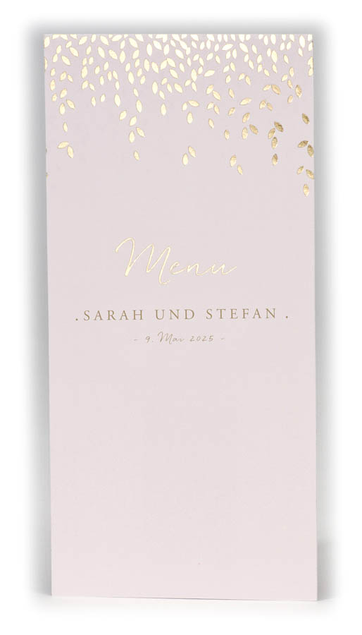 Menükarte in zartem rosa mit edler Goldfolienprägung "Menu" und Blätterregen