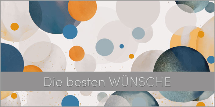 Moderne Glückwunschkarte mit bunten Kreisen und silberner Prägung "Die besten Wünsche"