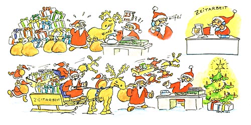 Lustige Branchen Weihnachtskarte für Zeitarbeits Firmen, aus hochwertigem Chromoluxkarton mit Comic-Motiv-Farbdruck.