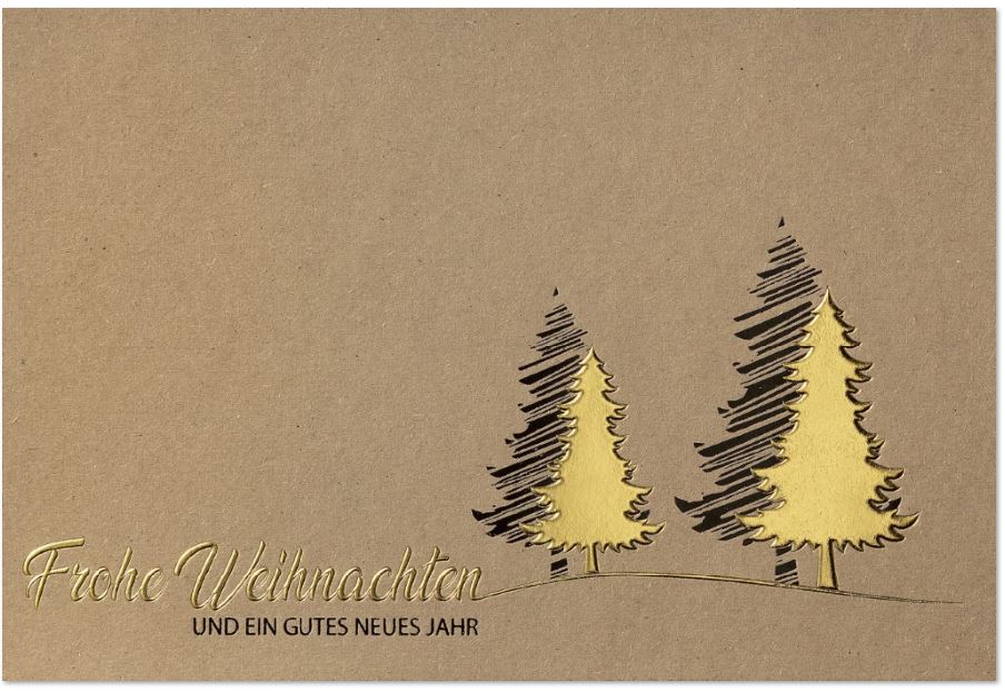 Naturbraune Weihnachtskarte aus Kraftkarton mit Goldfolienprägung und Einlegeblatt