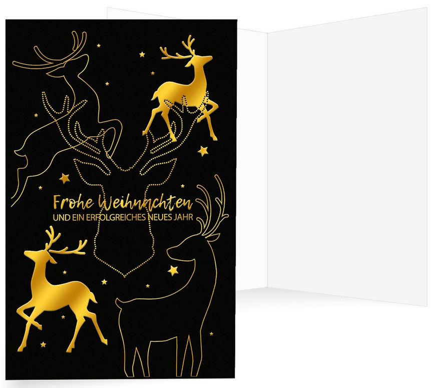 Elegante Firmenweihnachtskarte mit goldenen Hirschen und geschäftlichen Weihnachtsgrüßen