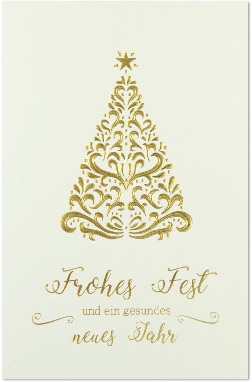 Cremeweiße Weihnachtskarte mit goldenem Ornamentbaum und Stern sowie Gruß