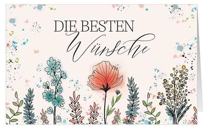 Farbenfrohe Aquarell-Glückwunschkarte mit bunten Blumen und "Die Besten Wünsche"