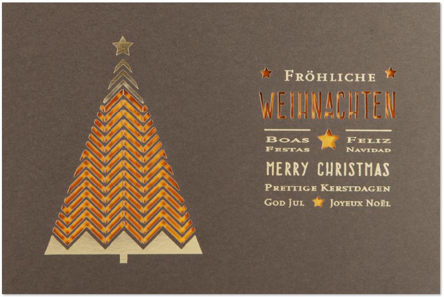 Braune Weihnachtskarte mit Goldfolienprägung und filigraner Stanzung, Einleger in orange