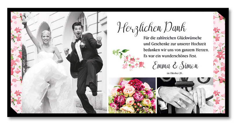 Romantische Dankkarte für Geburtstag oder Hochzeit mit eigenen Fotos und Blumenaufdruck