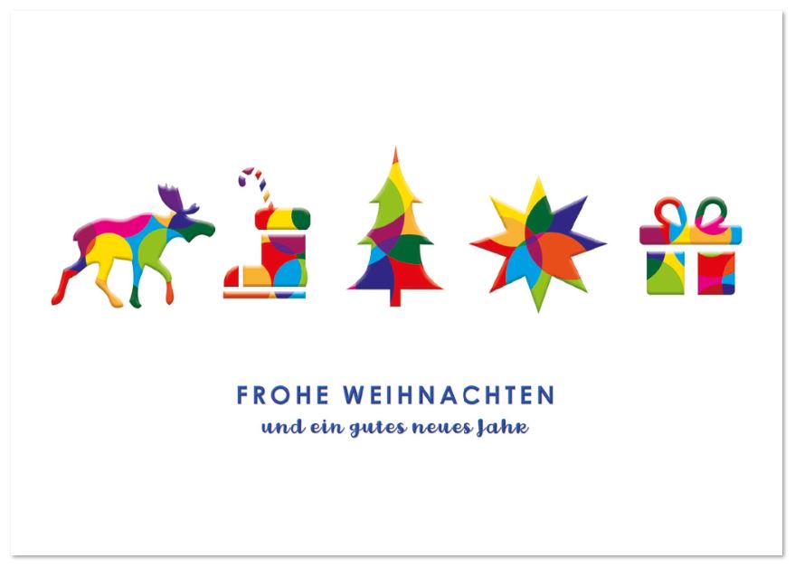 Farbenfrohe Weihnachts-Grußkarte mit Blind- und Folienprägung von Icons und Gruß