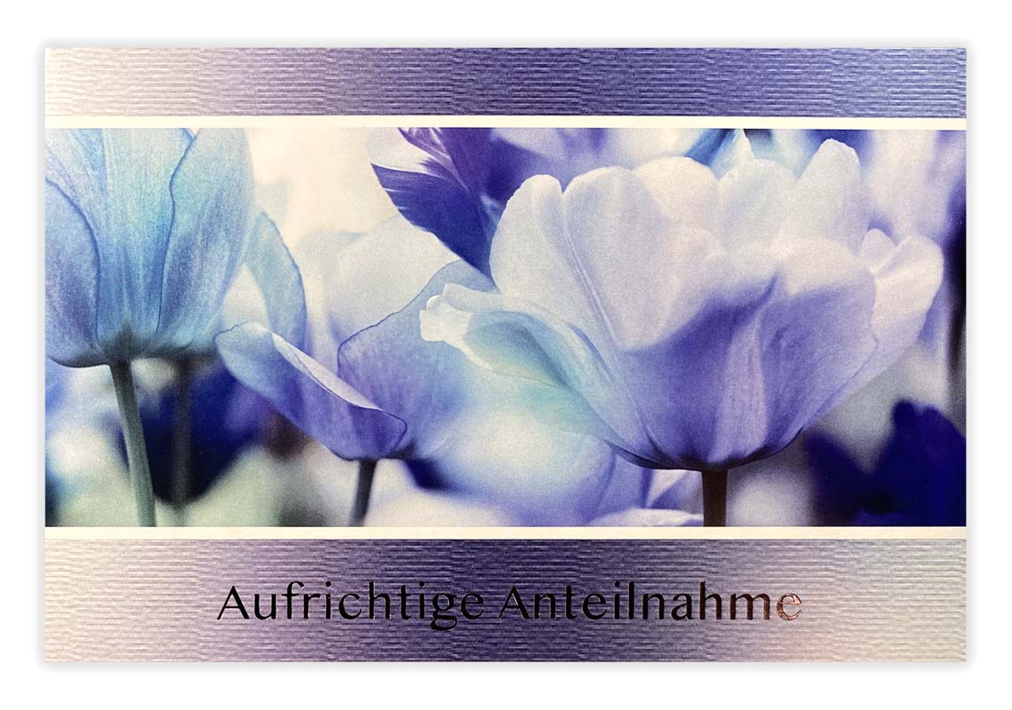 Fliederfarbene Beileidskarte mit Blüten und Schriftzug "Aufrichtige Anteilnahme"