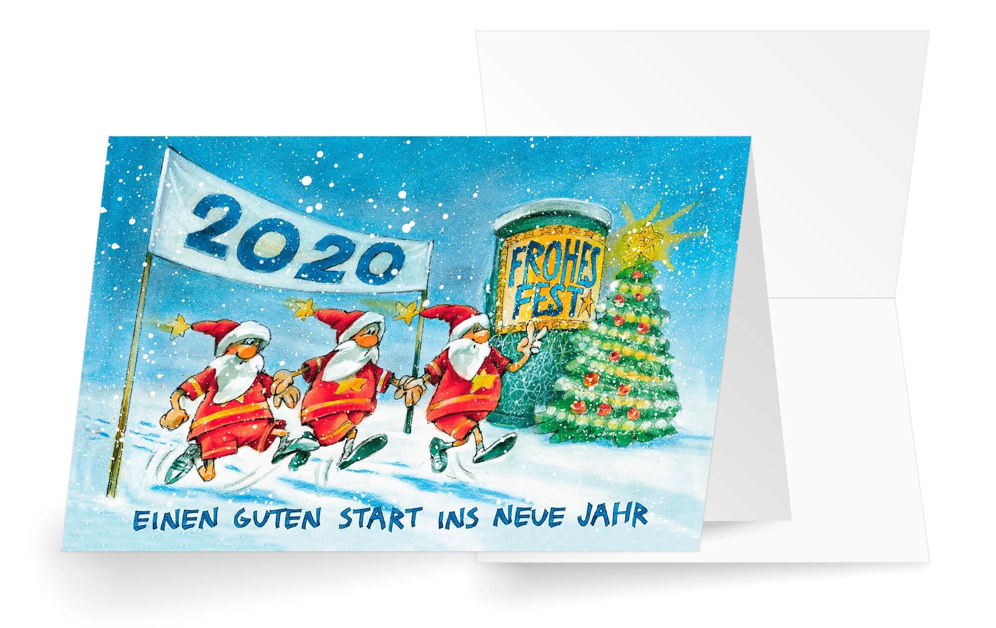 Firmenweihnachtskarte mit lustigem Bilderdruck, Weihnachts- und Neujahrsgruß und Zahl 2020