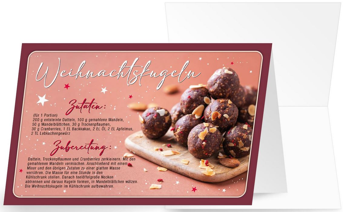 Weihnachtliche Rezeptkarte mit Zimtduft, für die Zubereitung von leckeren Weihnachtskugeln