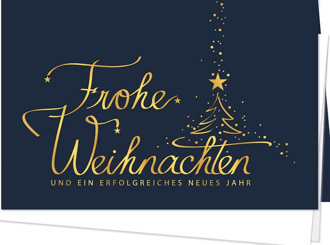 Dunkelblaue Weihnachtskarte mit Goldfolienprägung und weißem Einlegeblatt innen