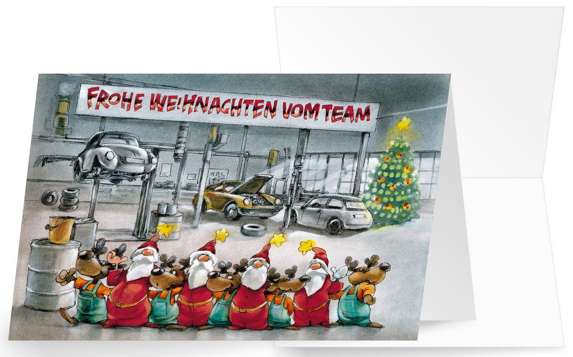 Team-Weihnachtskarte mit Weihnachtsgruß für Autowerkstatt, KFZ-Prüfstelle und KFZ-Reparatur