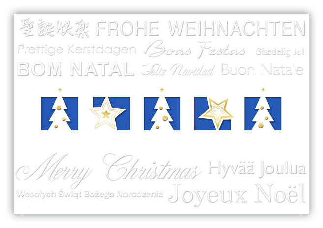 Internationale Weihnachtsgrußkarte in weiß mit blauem Falteinlegeblatt und Stanzung