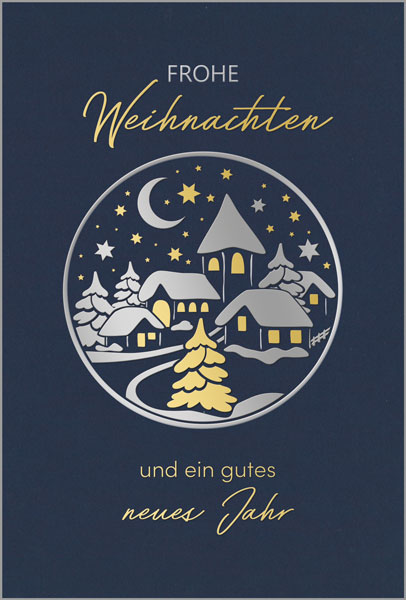 Dunkelblaue Weihnachtskarte mit Gold- und Silberfolienprägung, inkl. Einlegeblatt innen