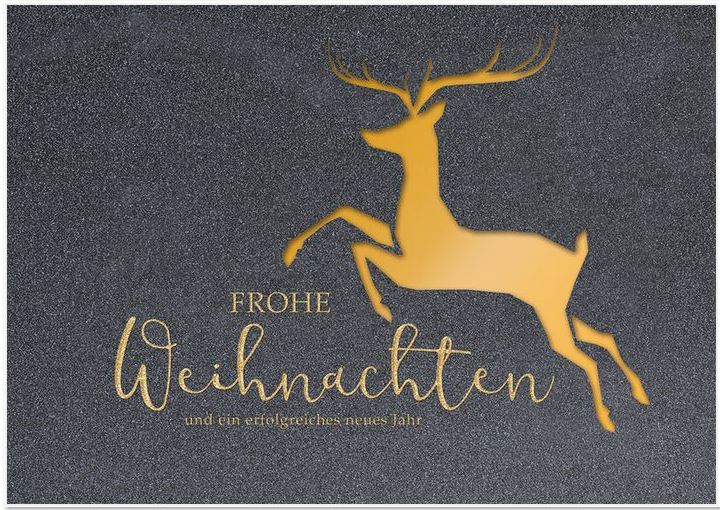 Geschäfts-Weihnachtskarte in grau mit Weihnachtsgruß, Hirsch und goldener Einleger