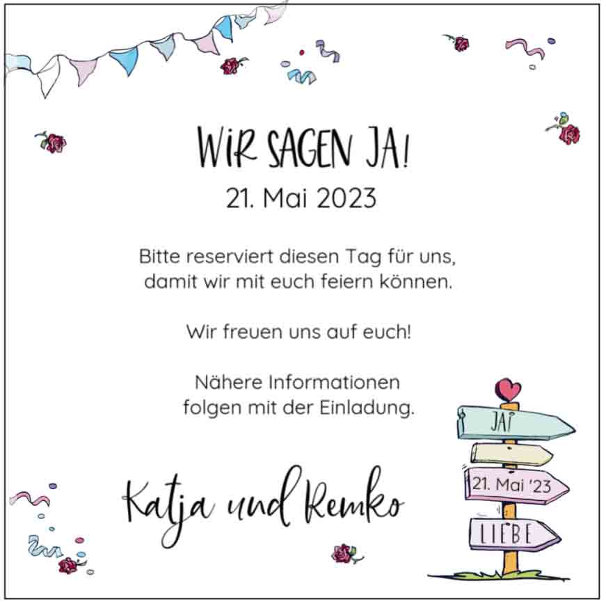 Lustige Save the Date Karte "Fahrt ins Glück" mit Wimpelgirlande und Schilderbaum