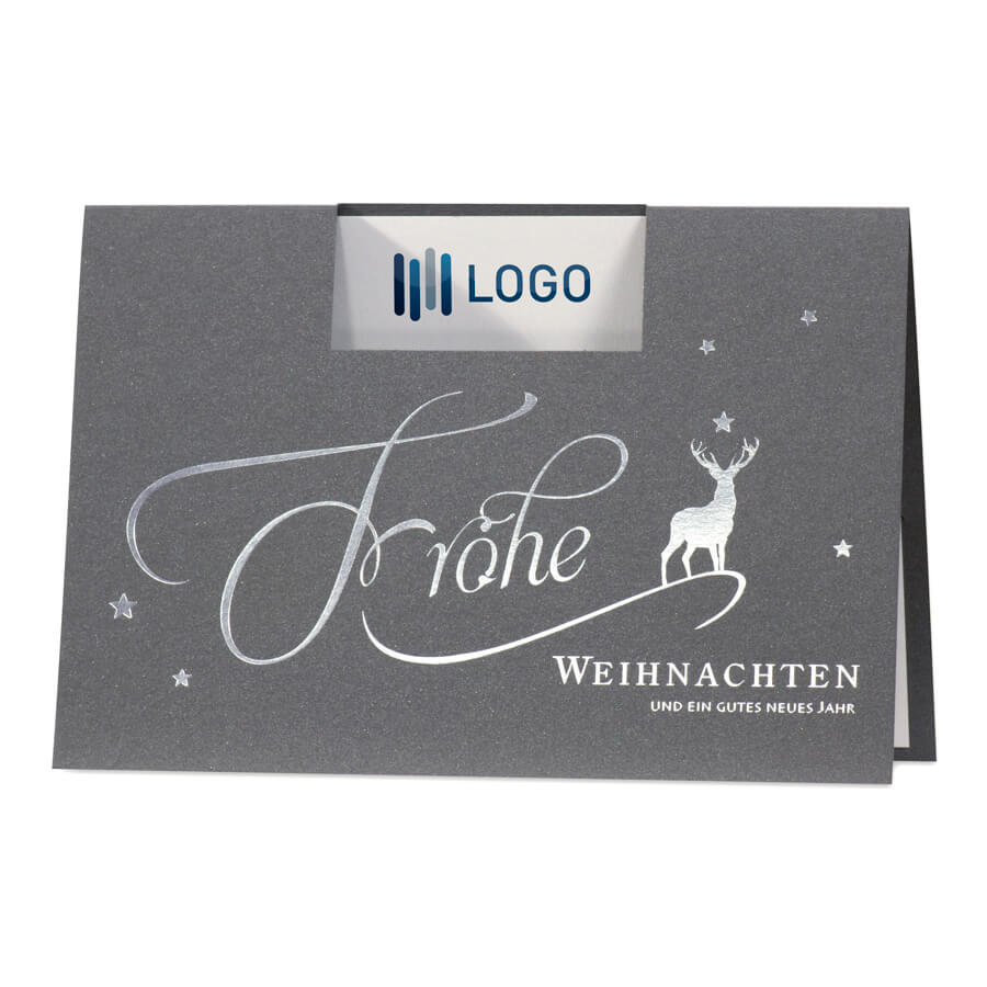 Weihnachtskarte in anthrazit als Logokarte mit Silberfolienprägung von Hirsch, Gruß und Sternen