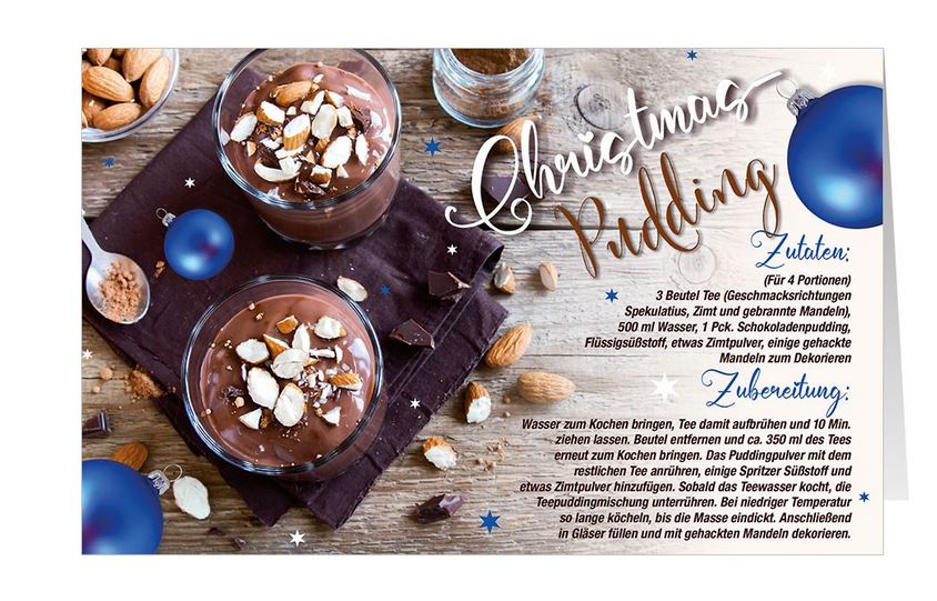 Rezept-Weihnachtskarte mit Zutatenlise und Zubereitung für einen schokoladigen Weihnachtspudding