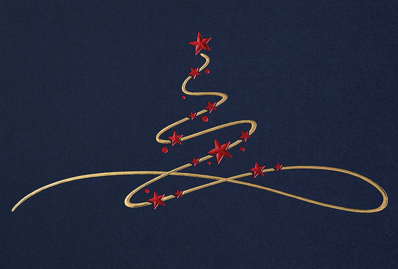 Dunkelblaue Weihnachtskarte mit abstraktem Weihnachtsbaum in gold und rot, inkl. Einleger