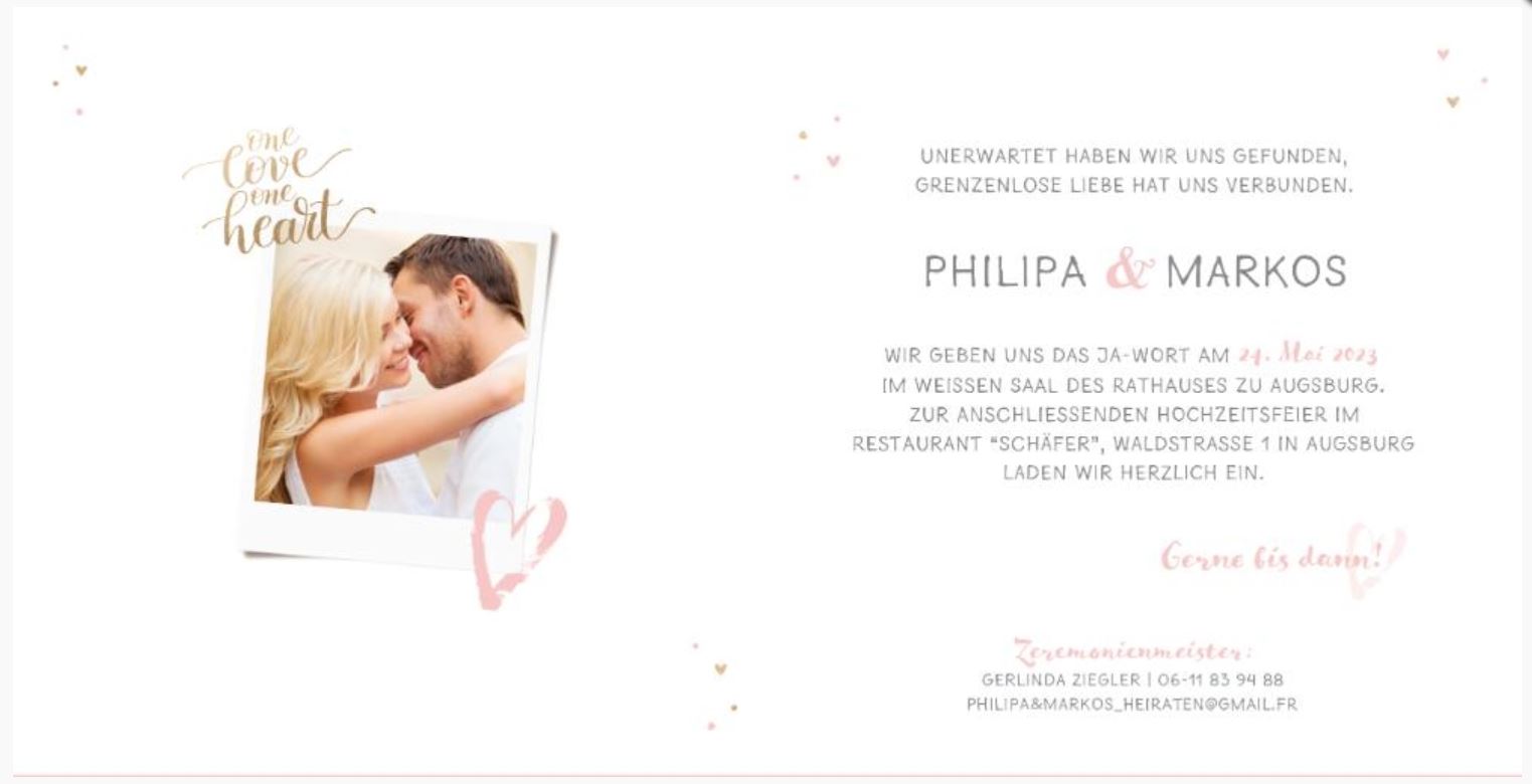 Innenseite der Hochzeit-Einladungskarte mit Fotodruck und Mustertext