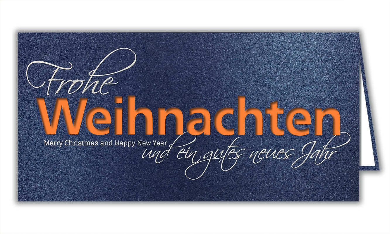 Blaue Weihnachtskarte mit Einleger in orange/weiß, Stanzung und deutsch-englischem Gruß